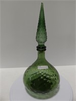 RETRO GREEN GLASS DECANTER, 15" TALL