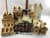 Wooden bird houses, wooden miniature crates,