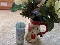 PIER 1 PITCHER W/ FAUX FLOWERS, WINTER CONTAINER