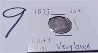 1833 Bust Cent Last "3" Very Good