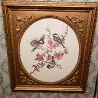 Antique floral bird print in ornate frame