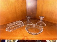 Candlewick butter dish, candle stick holders &