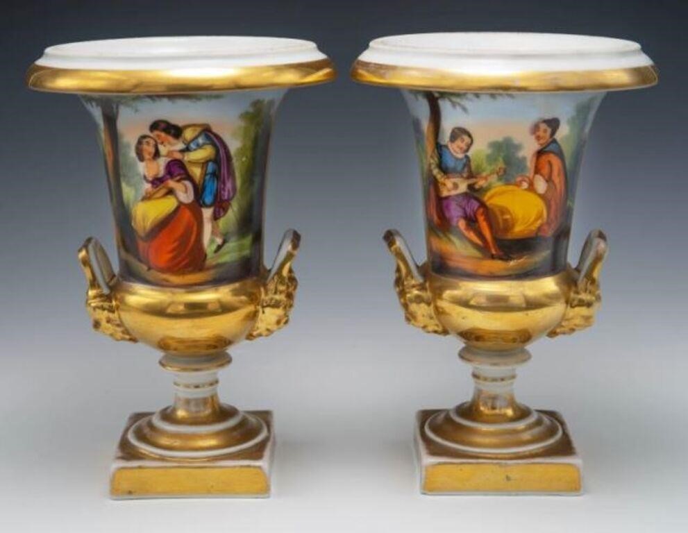 Pair Antique French Empire Porcelain Gilded Urns.