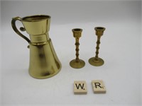 BRASS MINI CANDLE STICK HOLDERS AND VASE