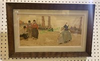 Antique framed Dutch scene, down by the docks, by