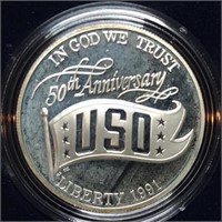1991 USO Proof Silver Dollar MIB
