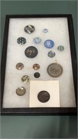 Antique Buttons  -in display case 8.5 in x12 in