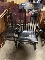 Decorated rocker and wooden chair.