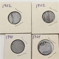 Group Of 4 Indian Head Pennies, 1901 & 1902
