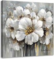 White Gray Floral with Gold  12x12 Canvas Frame