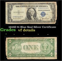 1935D $1 Blue Seal Silver Certificate Grades vf de