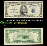 1953A $5 Blue Seal Silver Certificate Grades vf de