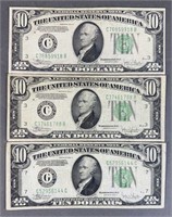 3pc 1934C $10.00 Federal Reserve Notes
