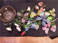 Group of china and glass flowers, some with