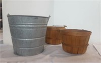 Vintage wooden bushel baskets & Metal buckets
