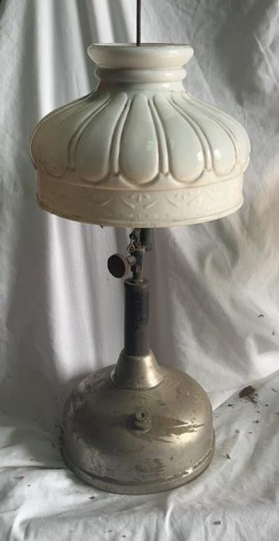 EARLY OIL LAMP WITH MILK GLASS SHADE