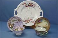 2 Hand Painted Cup & Saucer Sets On Plate 10"W