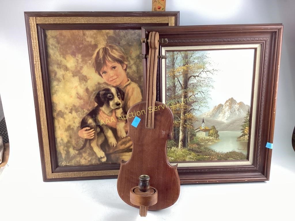 Wooden Violin Candle Holder, Church Oil Painting