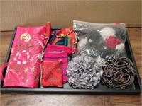 Tray of Jewelry Pouches, Shoe Clips, Misc