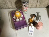 Misc. items -- shaker; bottle opener, yellow M &
