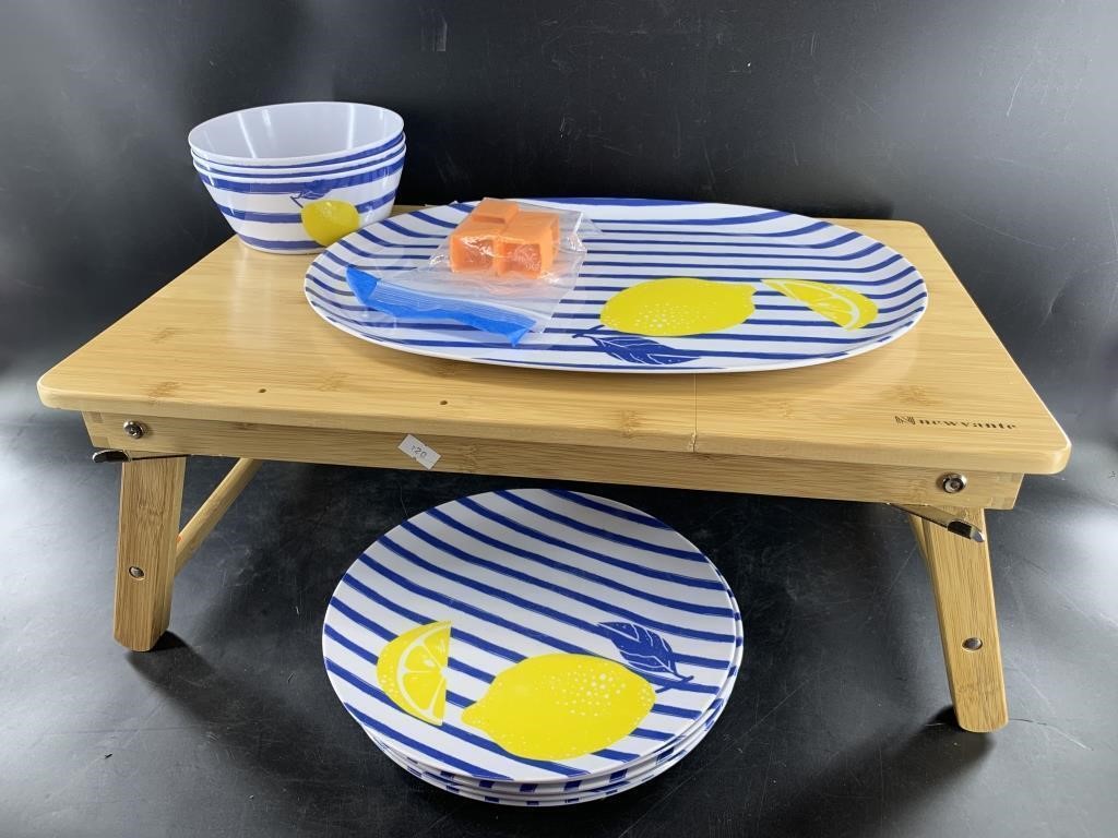 Lot with breakfast tray with lemon themed dishes