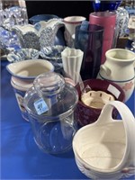18 VASES, PLANTERS, PITCHERS, ETC. - GLASS AND