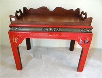 Mahogany butler's tray on chinoiserie style base,