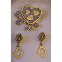 Vtg Metal Heart Pin Diamond Earrings