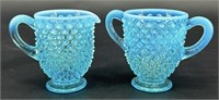 Fenton Blue Opal Hobnail Cream & Sugar Uv