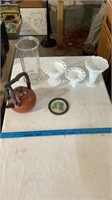 Handmade tea pot, various white glass dish bowls,