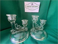 Etched Glass Candlestick Holders 5 1/2” tall