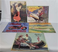 5 Repro Tin Signs - Indian Bikes, Old Town Canoes