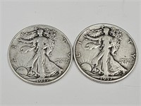 2- 1937 Silver Walking Liberty Half Dollar  Coins