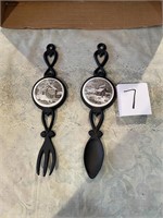 VTG black iron Currier and Ives tiled fork & spoon