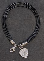 Silver Tone Crystal Heart Dangle Leather Cord Brac