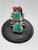 Lg Sterling Unique Turquoise/Coral Ant Ring 10 Gr
