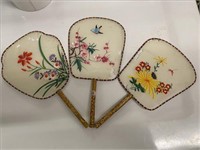 (3) Vintage Hand Painted Chinese Fanswl Bamboo
