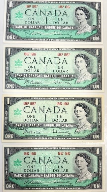 4 CRISP 1967 CANADIAN CENTENNIAL ONE DOLLAR BILLS