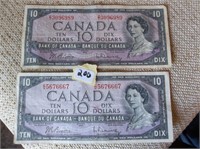 2 Canadian 1954  $10,00 Bills