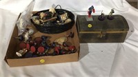 Chess pieces,  skulls, metal box