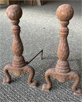 Antique Cast Iron Andiron Pair 17” Tall