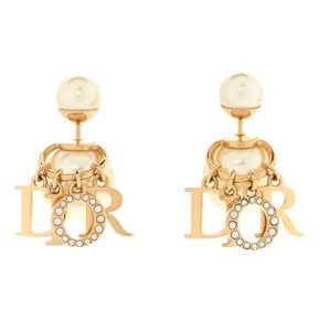 CHRISTIAN DIOR Pearl Crystal Logo Gold Earrings