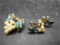Enameled & Faux Pearl Grape Brooch & Earrings