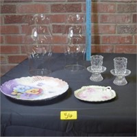 Lefton trinket dish, crystal candle holders & 2