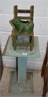 Teal Plant Stand, Small Green Chair & Frog