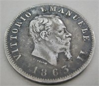 1863 Silver Italian 2 Lira Coin