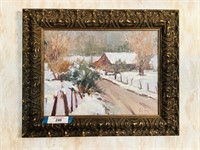 Framed Winter Scene Oil Painting on Board