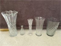 5 pc Heavy Weight Crystal & cut glass vase lot. No