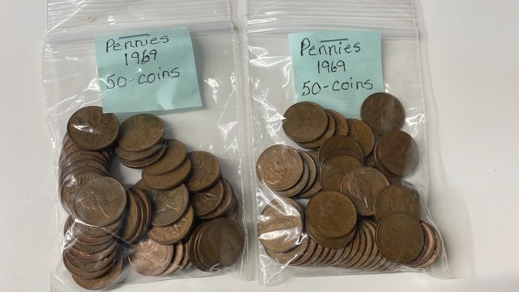 100 1969 Canadian Pennies