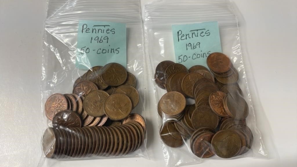 100 1969 Canadian Pennies